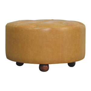 English Elm Amber Oak Leather Ottoman Coffee Table Handcrafted Round Living Room Accent B182P510073