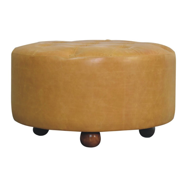 English Elm Amber Oak Leather Ottoman Coffee Table Handcrafted Round Living Room Accent B182P510073