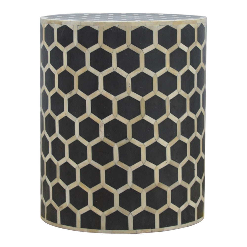 English Elm Bone Inlay Geometric Cube Stool Handcrafted Artisan Accent for Eclectic Living Rooms B182P510075