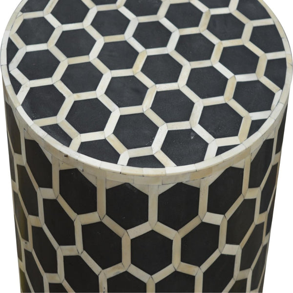 English Elm Bone Inlay Geometric Cube Stool Handcrafted Artisan Accent for Eclectic Living Rooms B182P510075