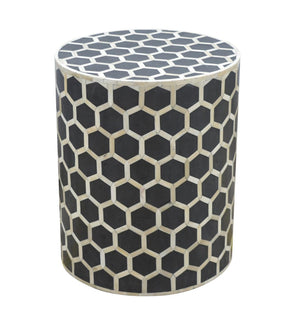 English Elm Bone Inlay Geometric Cube Stool Handcrafted Artisan Accent for Eclectic Living Rooms B182P510075