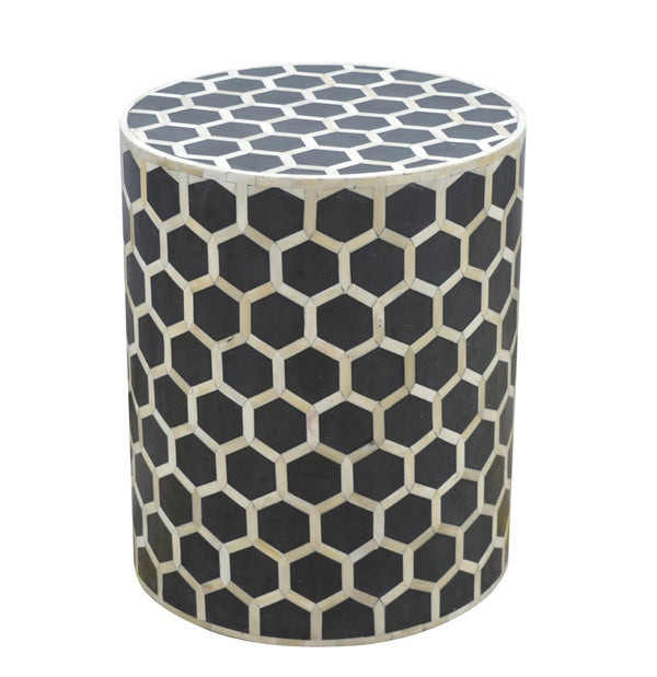 English Elm Bone Inlay Geometric Cube Stool Handcrafted Artisan Accent for Eclectic Living Rooms B182P510075