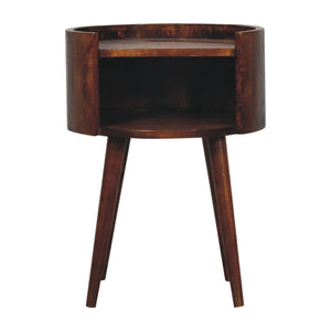 English Elm Chestnut Solid Mango Wood Round Bedside Table Open Shelf Sculptural Organic Accent B182P510078