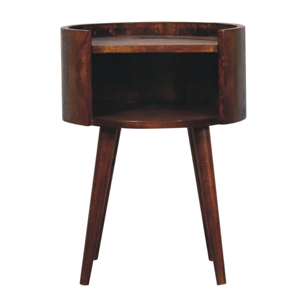 English Elm Chestnut Solid Mango Wood Round Bedside Table Open Shelf Sculptural Organic Accent B182P510078