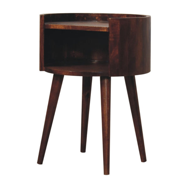 English Elm Chestnut Solid Mango Wood Round Bedside Table Open Shelf Sculptural Organic Accent B182P510078