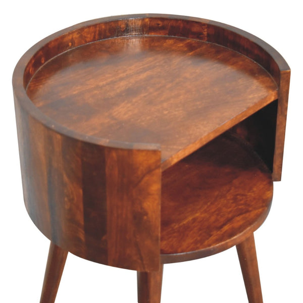 English Elm Chestnut Solid Mango Wood Round Bedside Table Open Shelf Sculptural Organic Accent B182P510078