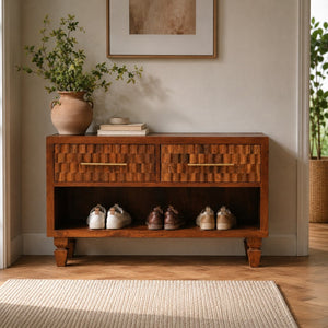 English Elm Solid Mango Wood Entryway Bench with Geometric Carvings Two Drawers and Open Shelf B182P532678