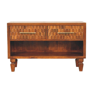 English Elm Solid Mango Wood Entryway Bench with Geometric Carvings Two Drawers and Open Shelf B182P532678