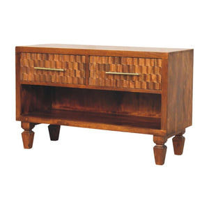 English Elm Solid Mango Wood Entryway Bench with Geometric Carvings Two Drawers and Open Shelf B182P532678