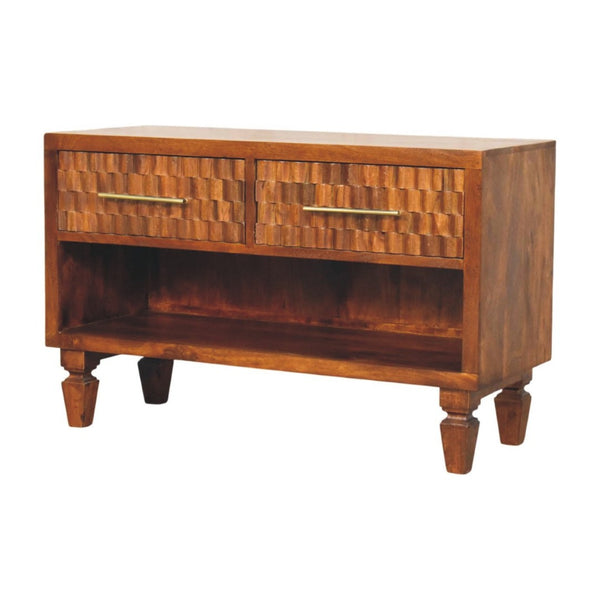 English Elm Solid Mango Wood Entryway Bench with Geometric Carvings Two Drawers and Open Shelf B182P532678