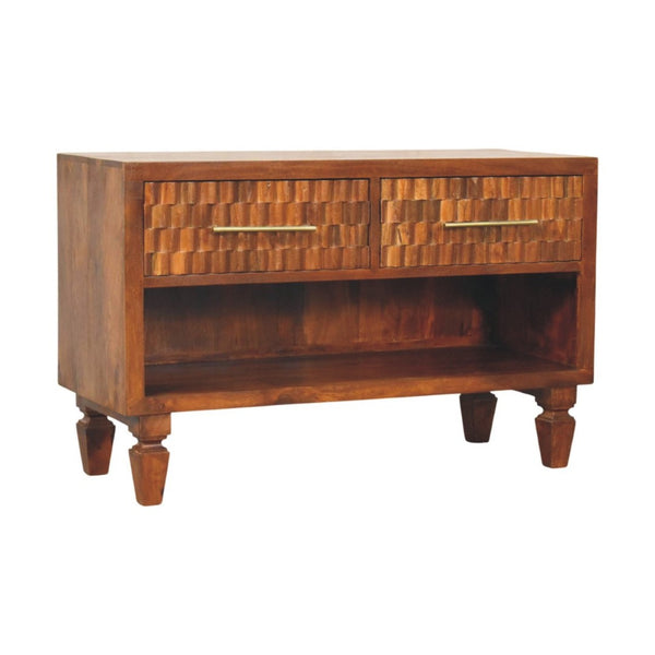 English Elm Solid Mango Wood Entryway Bench with Geometric Carvings Two Drawers and Open Shelf B182P532678