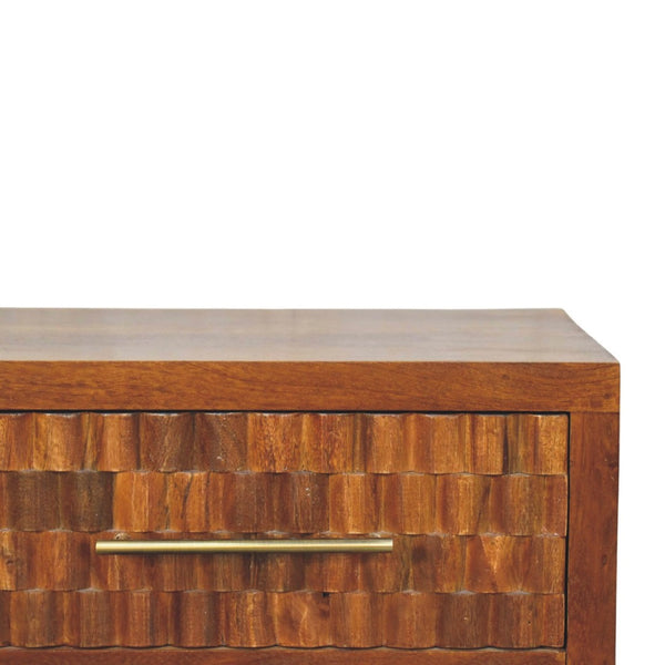 English Elm Solid Mango Wood Entryway Bench with Geometric Carvings Two Drawers and Open Shelf B182P532678