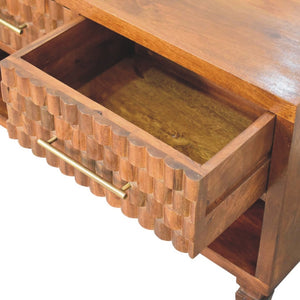 English Elm Solid Mango Wood Entryway Bench with Geometric Carvings Two Drawers and Open Shelf B182P532678
