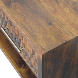 English Elm Solid Mango Wood Entryway Bench with Geometric Carvings Two Drawers and Open Shelf B182P532678