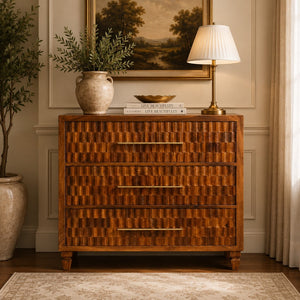 English Elm Solid Mango Wood Chest with Geometric Carved Drawers Brass Hardware Artisan Chestnut Finish B182P532679