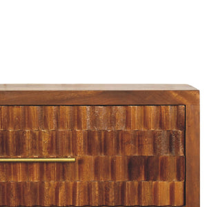 English Elm Solid Mango Wood Chest with Geometric Carved Drawers Brass Hardware Artisan Chestnut Finish B182P532679