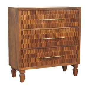 English Elm Solid Mango Wood Chest with Geometric Carved Drawers Brass Hardware Artisan Chestnut Finish B182P532679