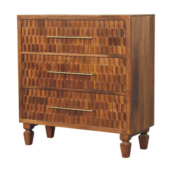 English Elm Solid Mango Wood Chest with Geometric Carved Drawers Brass Hardware Artisan Chestnut Finish B182P532679