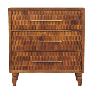 English Elm Solid Mango Wood Chest with Geometric Carved Drawers Brass Hardware Artisan Chestnut Finish B182P532679