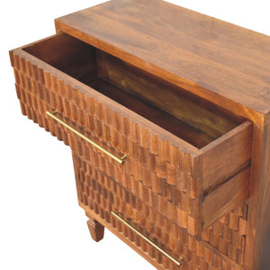 English Elm Solid Mango Wood Chest with Geometric Carved Drawers Brass Hardware Artisan Chestnut Finish B182P532679