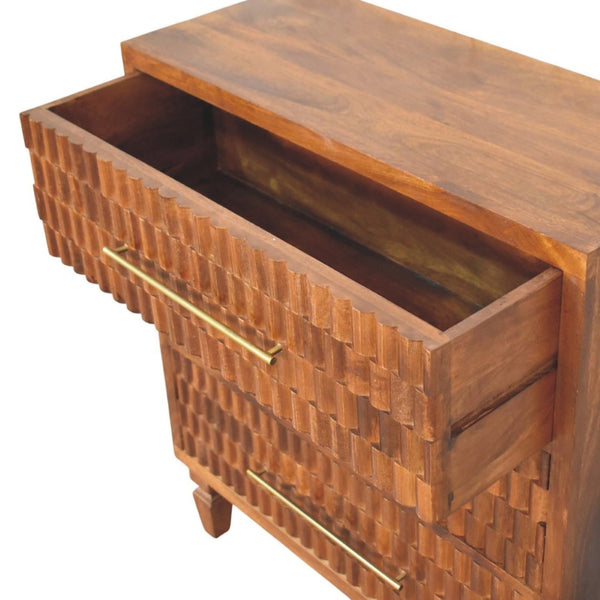 English Elm Solid Mango Wood Chest with Geometric Carved Drawers Brass Hardware Artisan Chestnut Finish B182P532679