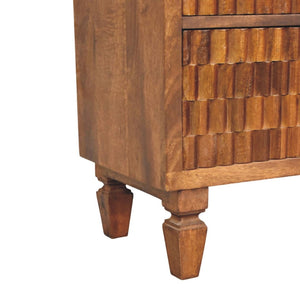 English Elm Solid Mango Wood Chest with Geometric Carved Drawers Brass Hardware Artisan Chestnut Finish B182P532679