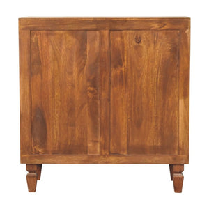 English Elm Solid Mango Wood Chest with Geometric Carved Drawers Brass Hardware Artisan Chestnut Finish B182P532679