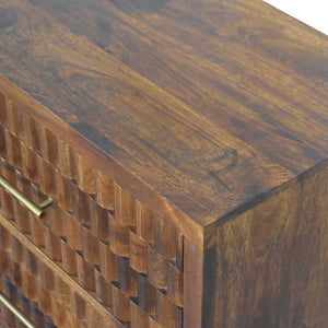 English Elm Solid Mango Wood Chest with Geometric Carved Drawers Brass Hardware Artisan Chestnut Finish B182P532679
