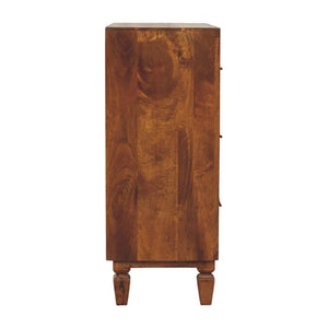 English Elm Solid Mango Wood Chest with Geometric Carved Drawers Brass Hardware Artisan Chestnut Finish B182P532679