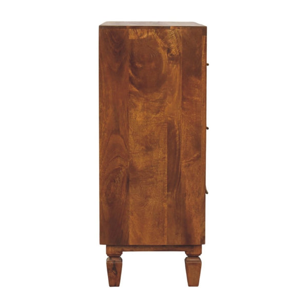 English Elm Solid Mango Wood Chest with Geometric Carved Drawers Brass Hardware Artisan Chestnut Finish B182P532679