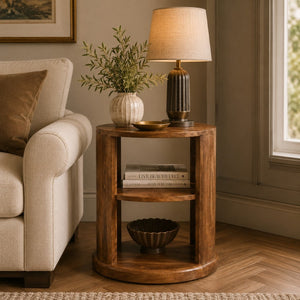 English Elm Solid Mango Wood Round Side Table Two Open Shelves Golden Teak Finish Living Room B182P532684