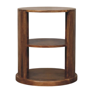 English Elm Solid Mango Wood Round Side Table Two Open Shelves Golden Teak Finish Living Room B182P532684