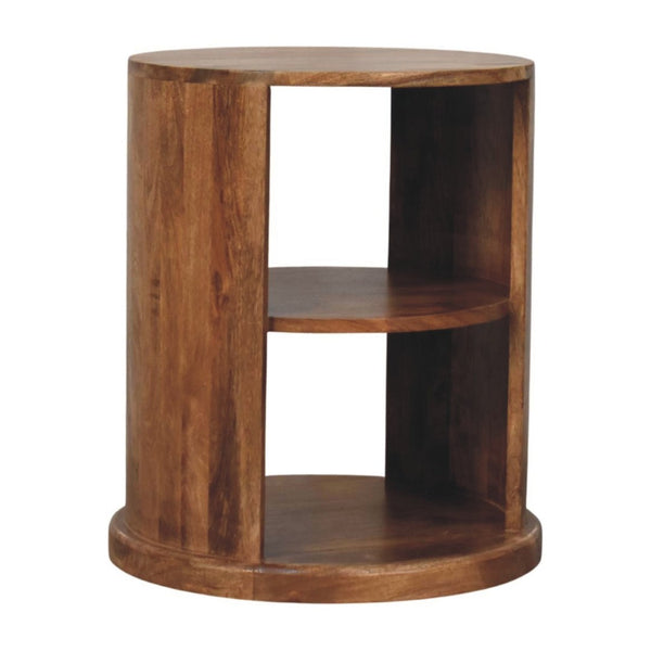 English Elm Solid Mango Wood Round Side Table Two Open Shelves Golden Teak Finish Living Room B182P532684