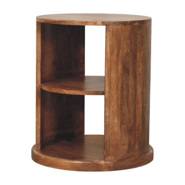 English Elm Solid Mango Wood Round Side Table Two Open Shelves Golden Teak Finish Living Room B182P532684