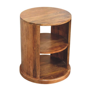 English Elm Solid Mango Wood Round Side Table Two Open Shelves Golden Teak Finish Living Room B182P532684