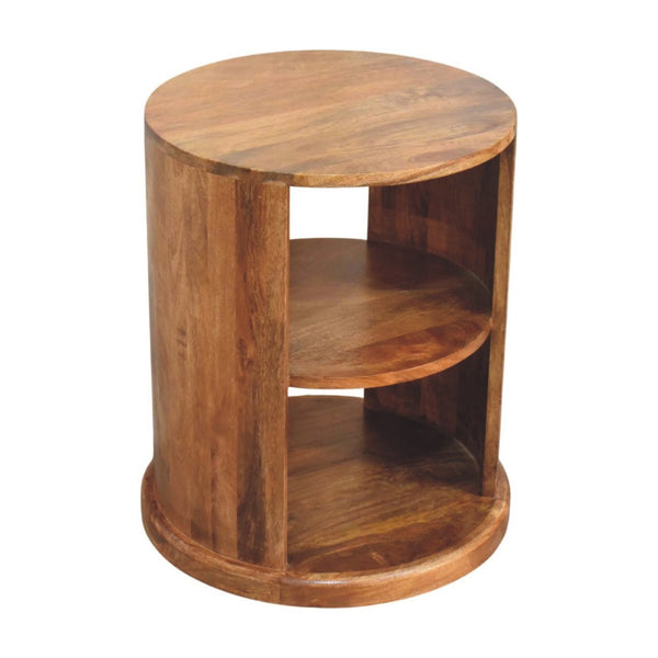 English Elm Solid Mango Wood Round Side Table Two Open Shelves Golden Teak Finish Living Room B182P532684