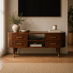 English Elm Solid Mango Wood Media Console with Brass Accents and Nordic Legs for Living Rooms B182P532687