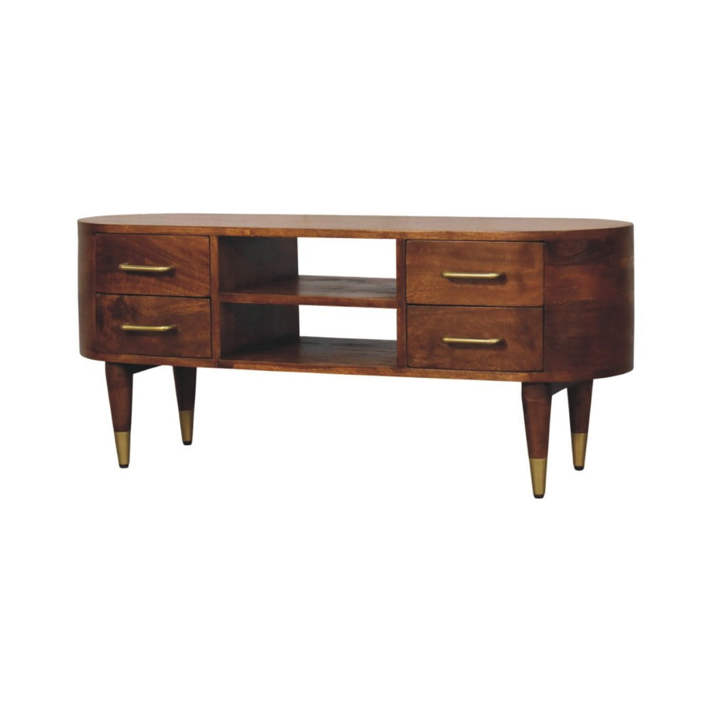 English Elm Solid Mango Wood Media Console with Brass Accents and Nordic Legs for Living Rooms B182P532687