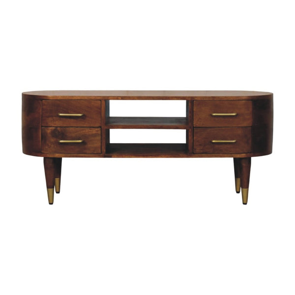 English Elm Solid Mango Wood Media Console with Brass Accents and Nordic Legs for Living Rooms B182P532687