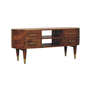English Elm Solid Mango Wood Media Console with Brass Accents and Nordic Legs for Living Rooms B182P532687