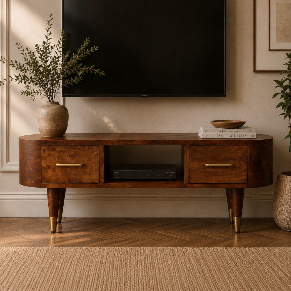 English Elm Solid Mango Wood Media Console with Brass Accents Tapered Legs and Artisan Finish B182P532688