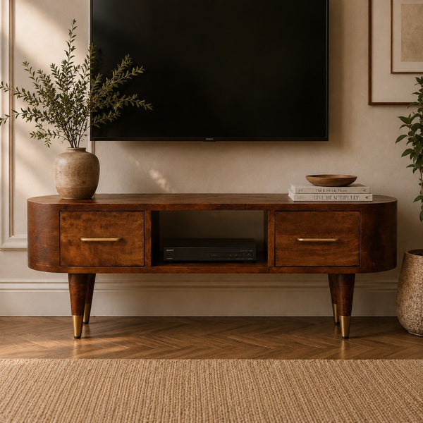 English Elm Solid Mango Wood Media Console with Brass Accents Tapered Legs and Artisan Finish B182P532688