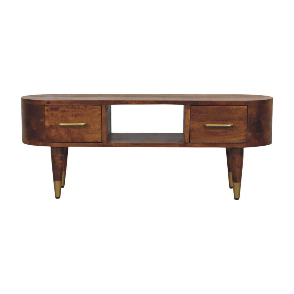 English Elm Solid Mango Wood Media Console with Brass Accents Tapered Legs and Artisan Finish B182P532688