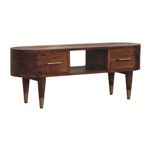 English Elm Solid Mango Wood Media Console with Brass Accents Tapered Legs and Artisan Finish B182P532688