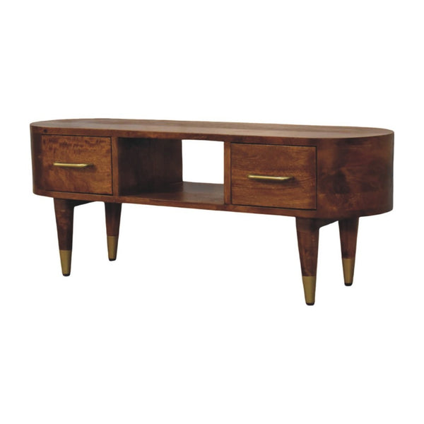 English Elm Solid Mango Wood Media Console with Brass Accents Tapered Legs and Artisan Finish B182P532688