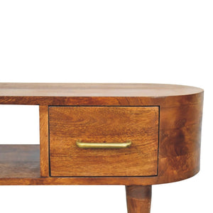 English Elm Solid Mango Wood Media Console with Brass Accents Tapered Legs and Artisan Finish B182P532688