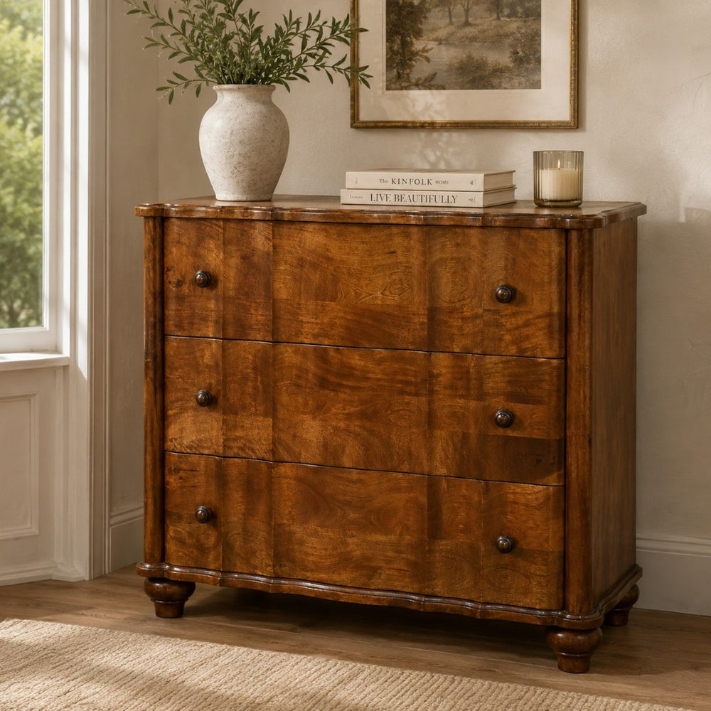 English Elm Solid Mango Wood Three Drawer Chest Handcrafted with Chestnut Finish and Brass Knobs B182P532690
