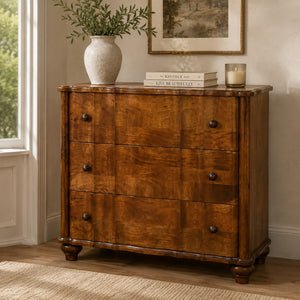 English Elm Solid Mango Wood Three Drawer Chest Handcrafted with Chestnut Finish and Brass Knobs B182P532690