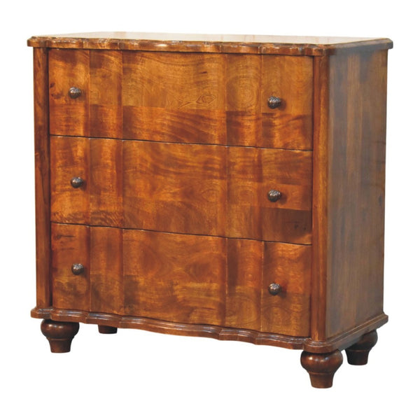 English Elm Solid Mango Wood Three Drawer Chest Handcrafted with Chestnut Finish and Brass Knobs B182P532690