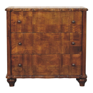 English Elm Solid Mango Wood Three Drawer Chest Handcrafted with Chestnut Finish and Brass Knobs B182P532690